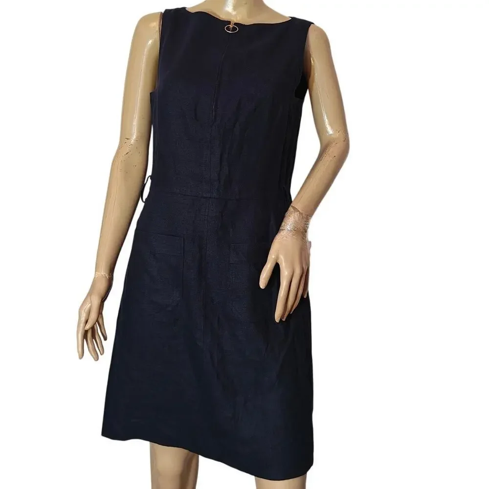 Tory Burch Navy Linen Sleeveless Shift Dress Size 4 – Pockets & Zip Detail